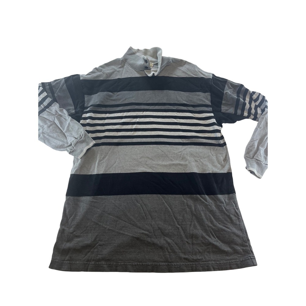 L.L. Bean Vintage Womens Gray Striped Mock Neck‎ Button Pullover Shirt Large USA